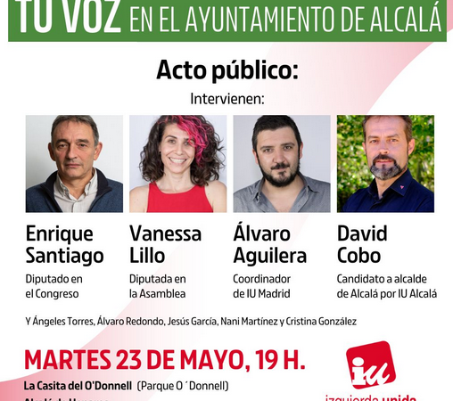 Elecciones Alcalá (IU) / Enrique Santiago participa este martes 23 junto a David Cobo en un acto en la Casita del Parque O ́Donnell