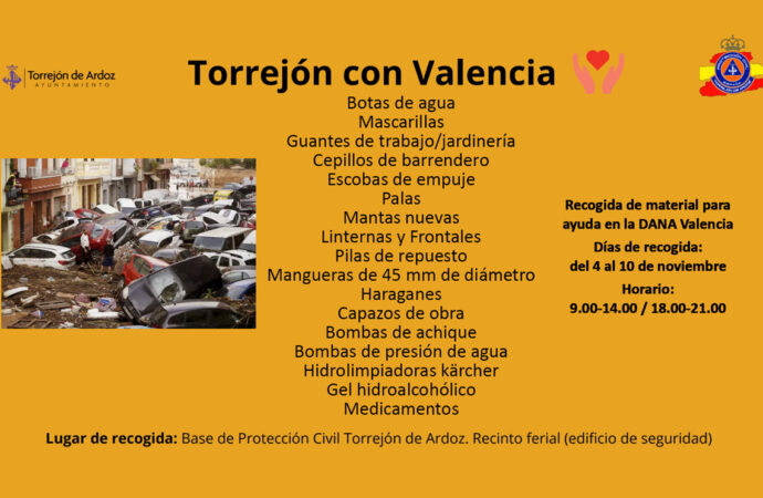 Recogida de material en la Base de Protección Civil de Torrejón para ayudar a los damnificados por la DANA en Valencia