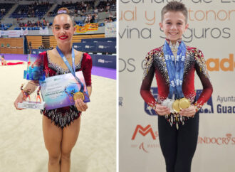 Los torrejoneros, Saúl Rodríguez, Bárbara Herrera y Zania Moreno, en el podio en el Campeonato de España de gimnasia rítmica