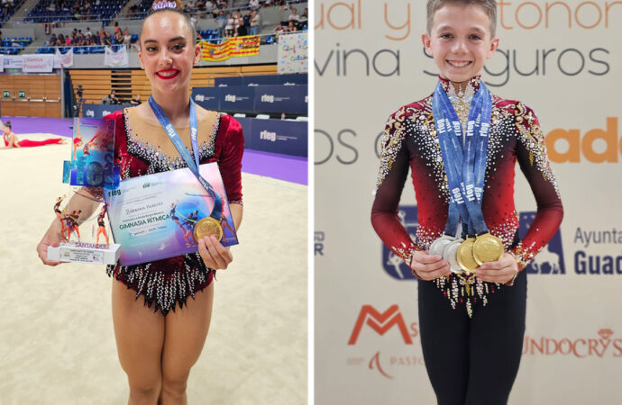 Los torrejoneros, Saúl Rodríguez, Bárbara Herrera y Zania Moreno, en el podio en el Campeonato de España de gimnasia rítmica